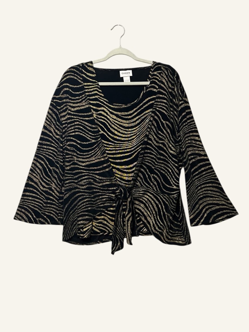 Chico's Zebra Cardigan Tank Twin Set Size L/XL Black Gold Metallic Flare Sleeve